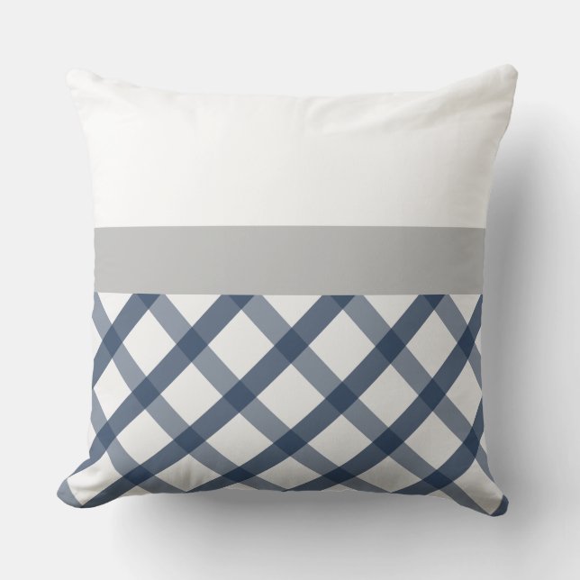 Navy Blue and White Gingham with Light Grey accent Throw Pillow (Front)
