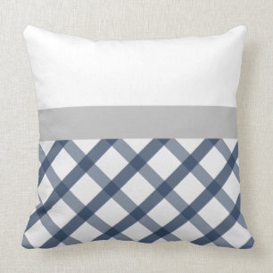 Navy Blue and White Gingham with Light Grey accent Throw Pillow