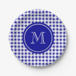 Navy Blue and White Gingham, Your Monogram Paper Plate