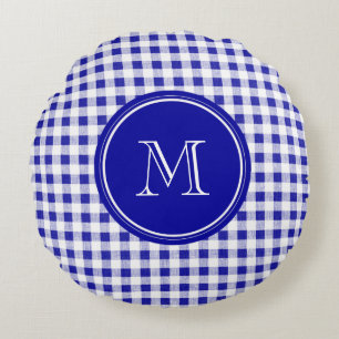 Navy Blue and White Gingham, Your Monogram Round Pillow