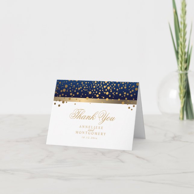 Navy Blue and White Gold Confetti Dots - Thank You (Front)