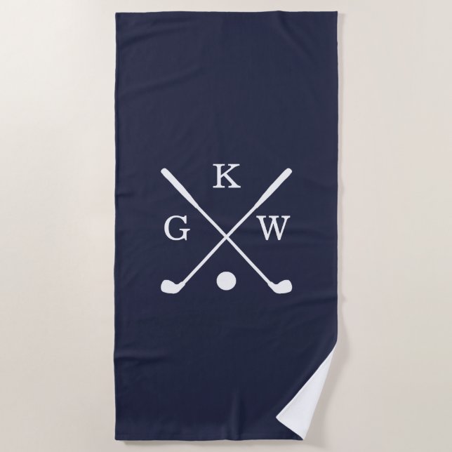 Navy Blue and White Golf Clubs Monogram Golf Beach Towel (Front)