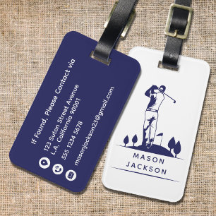 Navy Blue and White Golfer Illustration Masculine  Luggage Tag
