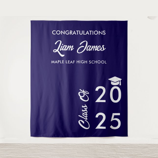 Navy Blue And White Graduation Photo Backdrop Tapestry (Front)