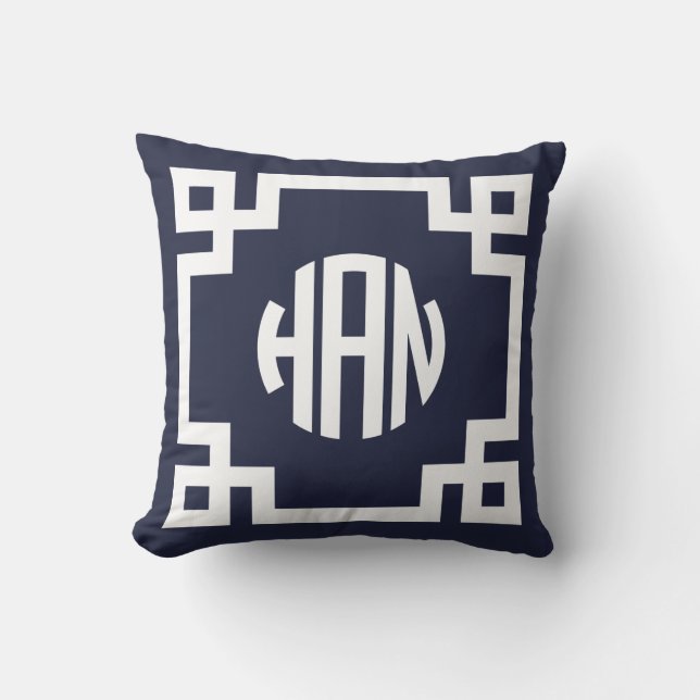 Navy Blue and White Greek Key Circle Monogram HAN Throw Pillow (Front)