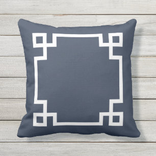 Navy Blue and White Greek Key Outdoor Pillow