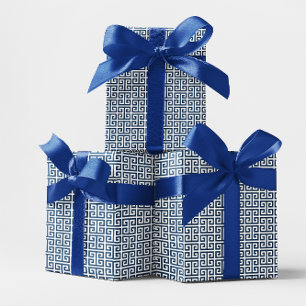 Navy Blue and White Greek Key Pattern Wrapping Paper