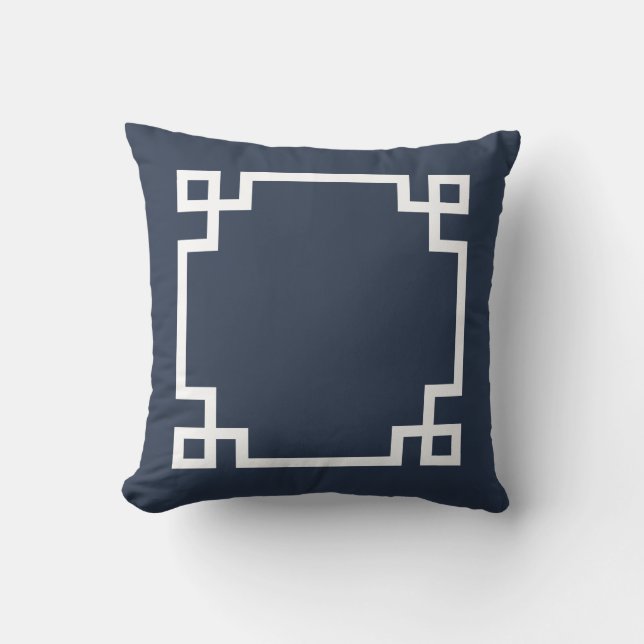 Navy Blue and White Greek Key Throw Pillow (Front)