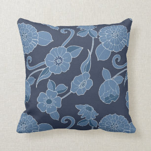 Navy Blue and White Hamptons Bold Floral Pattern Throw Pillow
