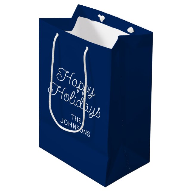 Navy Blue and White Happy Holidays Monoline Script Medium Gift Bag (Front Angled)