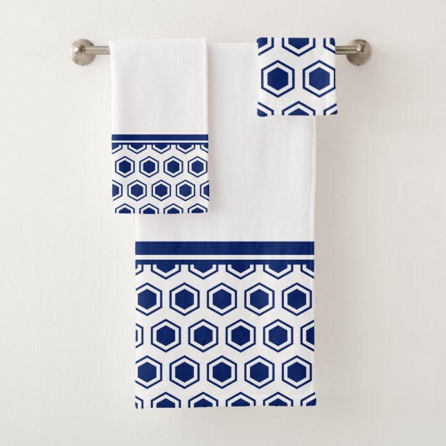 Navy Blue and White Hexagonal Pattern Bath Towel Set (Insitu)