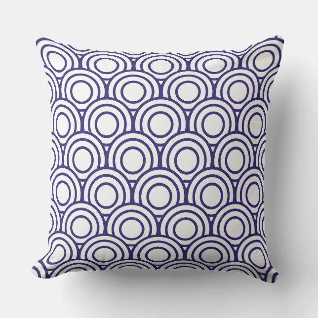 Navy Blue and White Japanese Geometric Circle Throw Pillow (Front)
