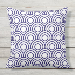 Navy Blue and White Japanese Geometric Circle Throw Pillow