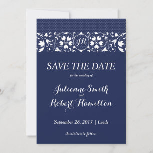 Navy Blue and White Lace Monogram Save the date