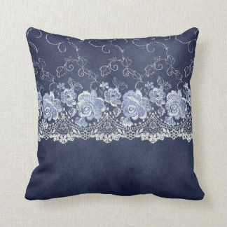 Navy Blue and White Lace Throw Pillow