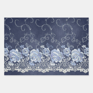 Navy Blue and White Lace Wrapping Paper Sheet