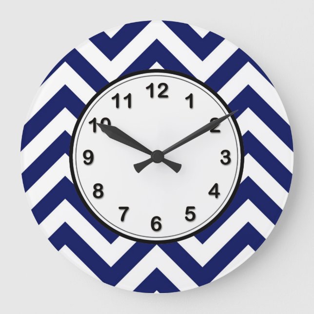 Navy Blue and White Large Chevron ZigZag Pattern Large Clock (Front)