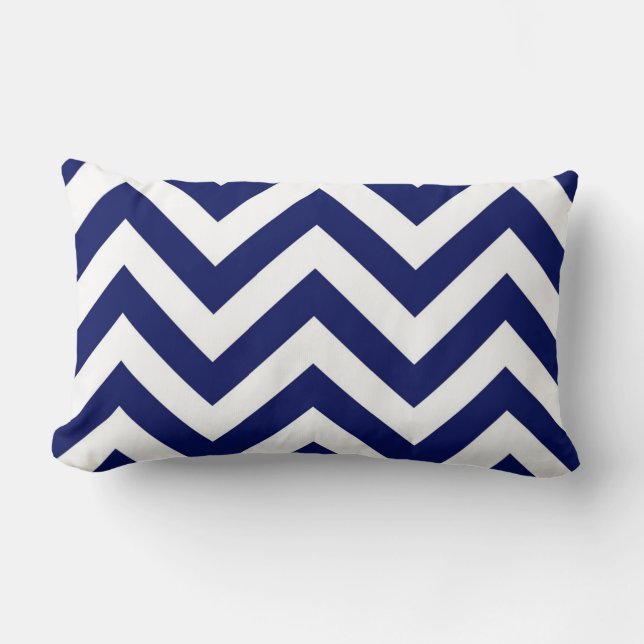 Navy Blue and White Large Chevron ZigZag Pattern Lumbar Pillow (Front)