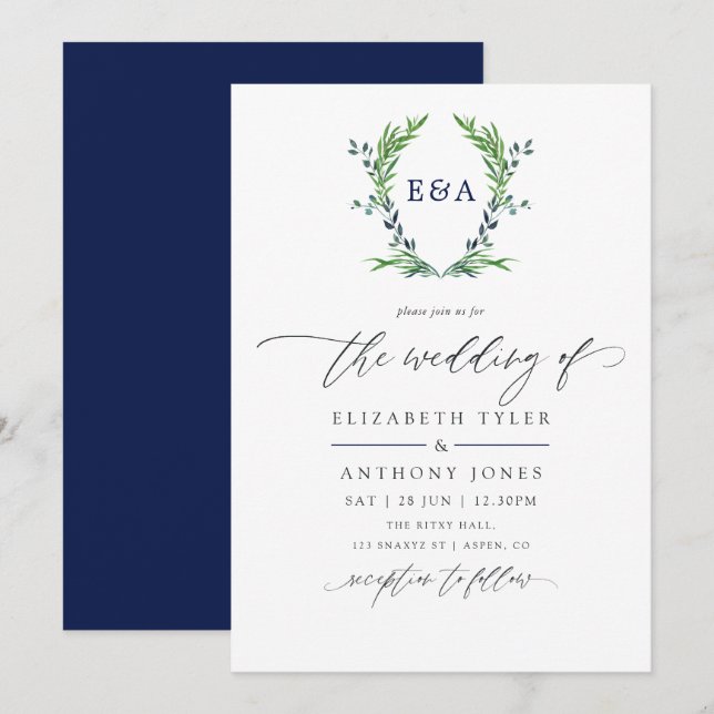 Navy Blue and White Laurel Crest Monogram Wedding Invitation (Front/Back)