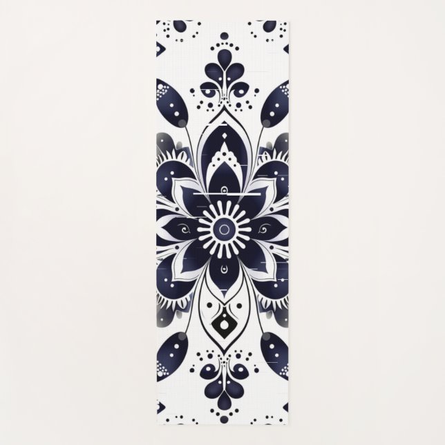 Navy Blue and White Mandala Pattern Yoga Mat (Front)