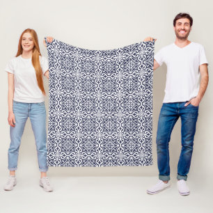 Navy Blue and White Mexican Talavera Tile Hamptons Fleece Blanket