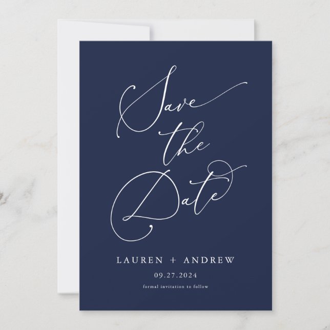 Navy Blue and White Minimalist 2 Save the Date Invitation (Front)