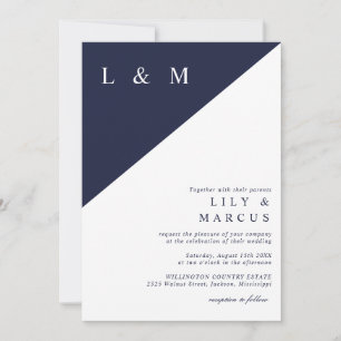 Navy Blue And White Minimalist Monogram Wedding Invitation