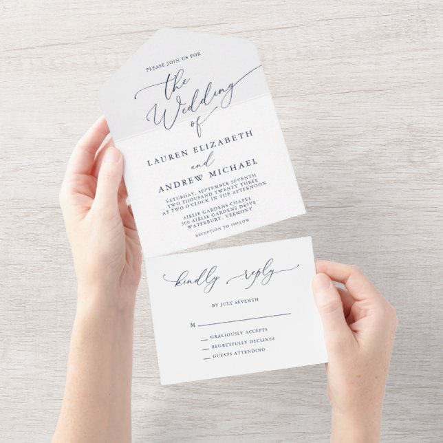 Navy Blue and White Minimalist Wedding All In One Invitation (Tearaway)