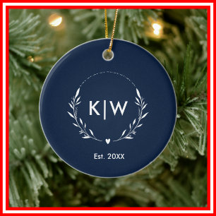 Navy Blue and White Modern Initials Monogram Ceramic Ornament