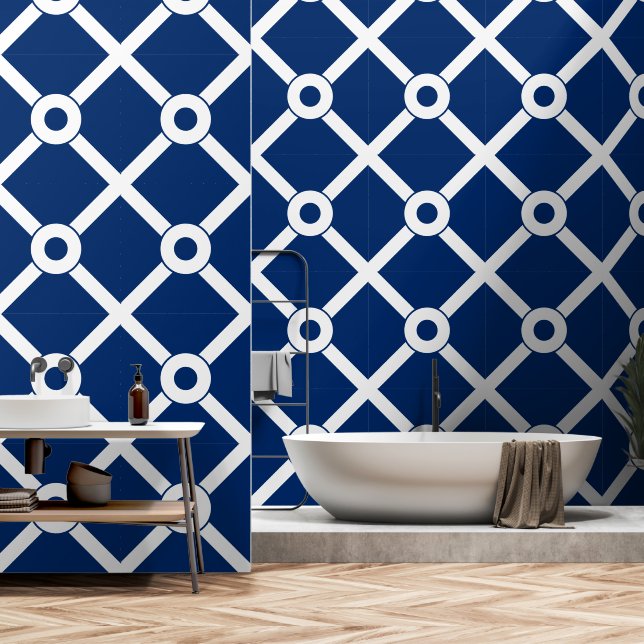 Navy Blue and White Modern Lattice Wallpaper (Bathroom)