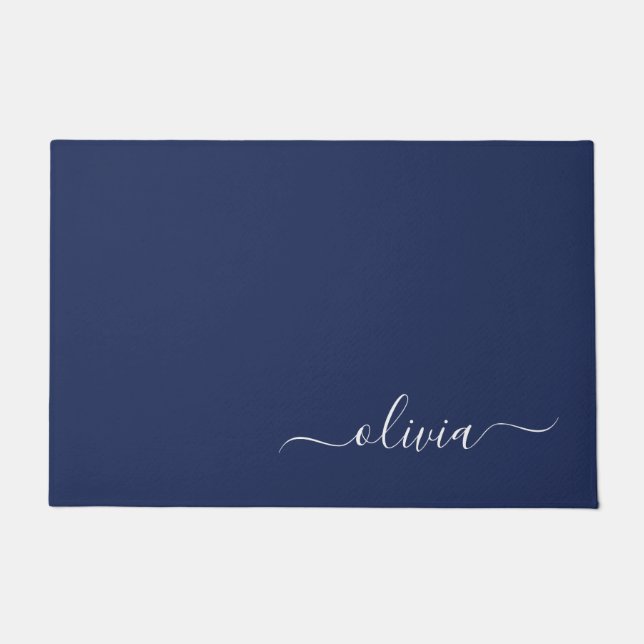 Navy Blue and White Modern Monogram Doormat (Front)