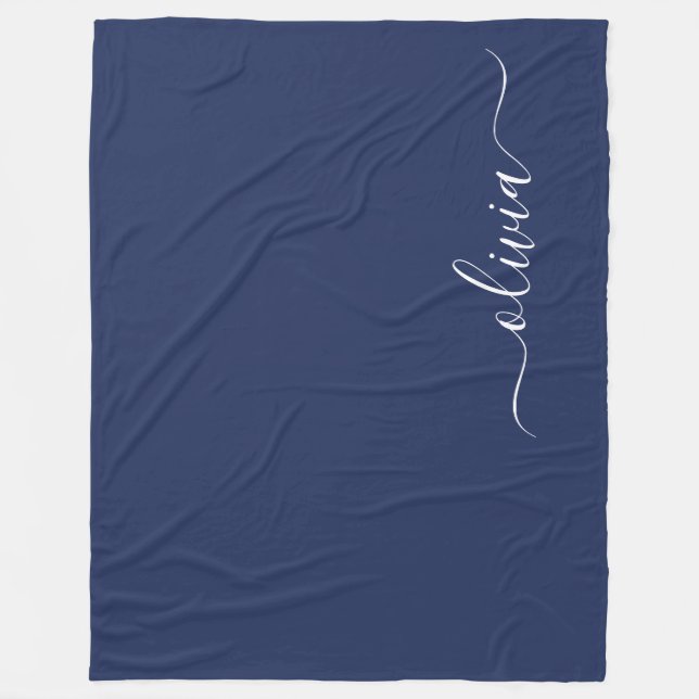 Navy Blue and White Modern Monogram Fleece Blanket (Front)