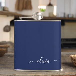 Navy Blue and White Modern Monogram Hip Flask