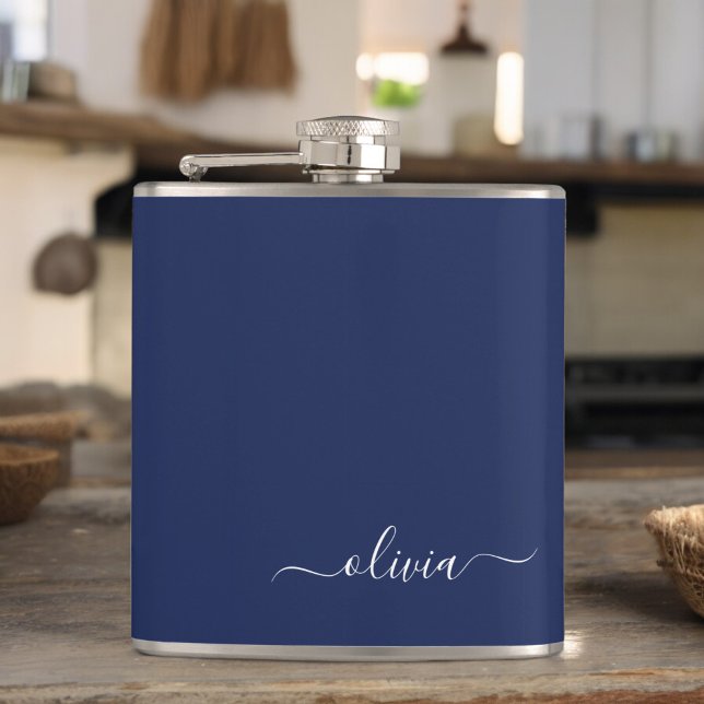Navy Blue and White Modern Monogram Hip Flask (Creator Uploaded)