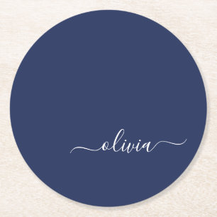 Navy Blue and White Modern Monogram Round Paper Coaster