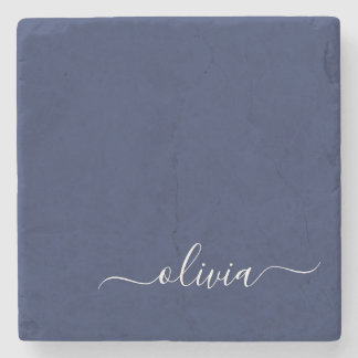 Navy Blue and White Modern Monogram Stone Coaster