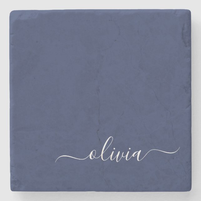 Navy Blue and White Modern Monogram Stone Coaster (Front)