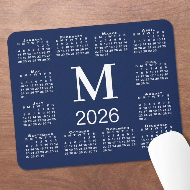 Navy Blue and White Monogram 2026 Calendar Mouse Pad (Navy Blue and White Monogram 2026 Calendar Mouse Pad, in situ)
