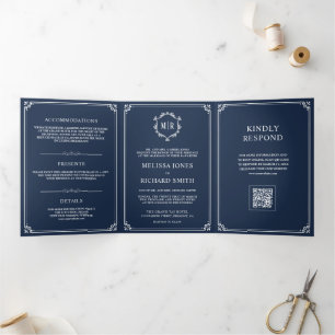Navy Blue and White Monogram QR Code Wedding Tri-Fold Invitation