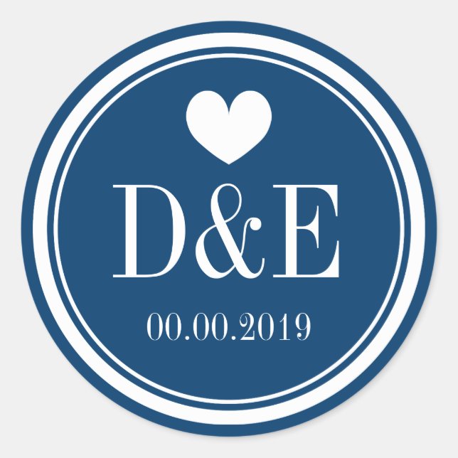Navy blue and white monogram wedding favour sticke classic round sticker (Front)