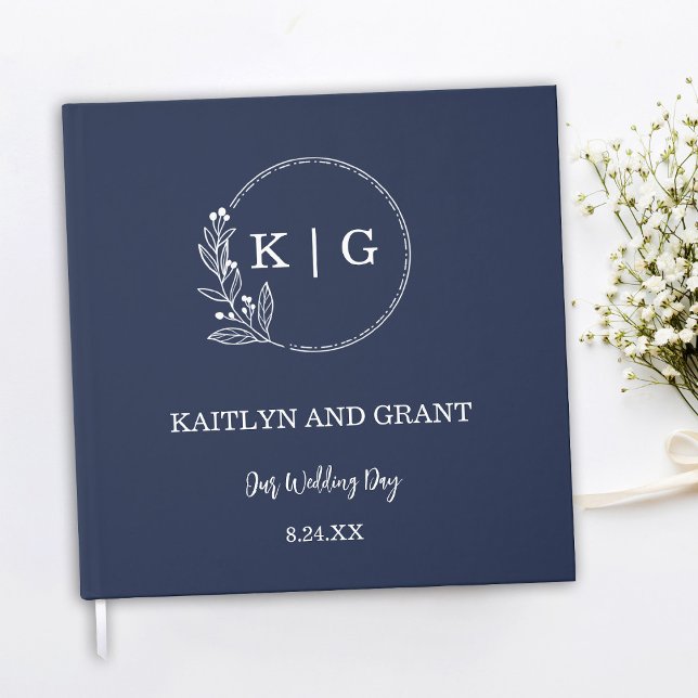 Navy Blue and White Monogram Wedding Guestbook (Navy Blue and White Modern minimal simple floral monogram wedding guestbook )