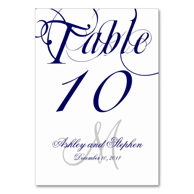 Navy Blue and White Monogram Wedding Table Number (Front)