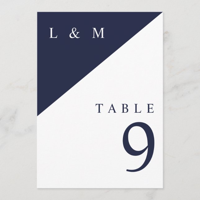 Navy Blue And White Monogram Wedding Table Number (Front)