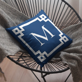 Navy Blue and White Monogrammed Greek Key Border Throw Pillow