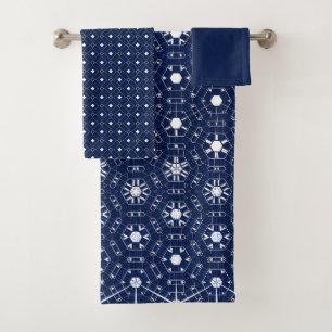 Navy Blue and White Mosaic Bath Towel Set
