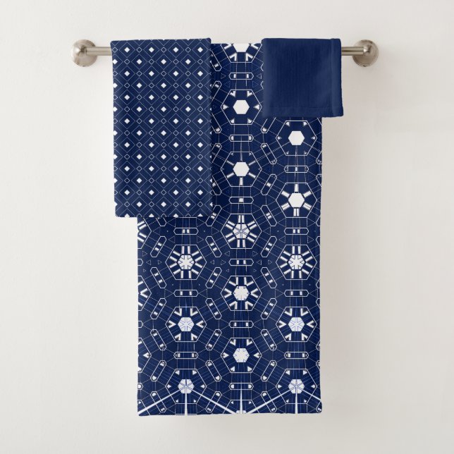 Navy Blue and White Mosaic Bath Towel Set (Insitu)