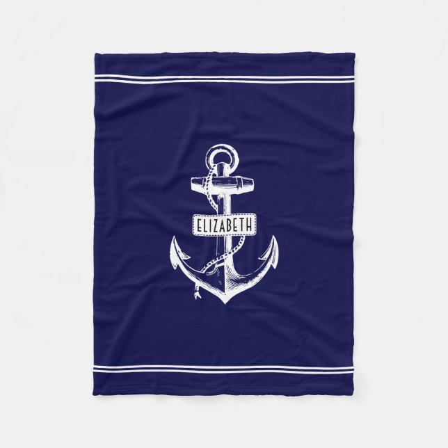 Navy blue and white nautical anchor and lines fleece blanket (Front)