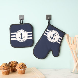 Navy Blue and White Nautical Anchor Boat Name Oven Mitt & Pot Holder Set