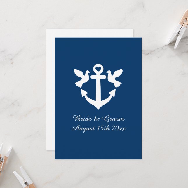 Navy blue and white nautical anchor logo wedding invitation (Front/Back In Situ)