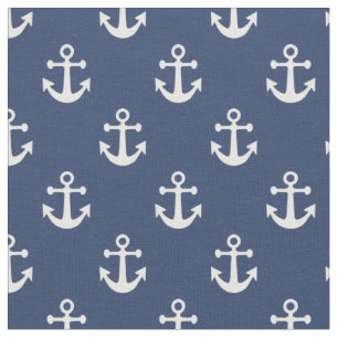 Navy Blue and White Nautical Anchors Pattern Fabric